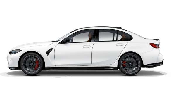 Design de profil de la BMW M3 Competition Berline Frozen Brilliant White metallic G80 2020 BMW M3 Competition Berline G80 2020 Frozen Brilliant White metallic, design de profil, vue de profil