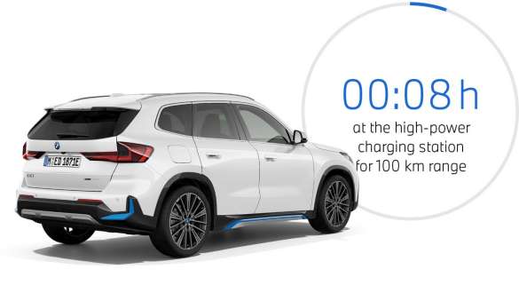 BMW iX1 xDrive30 U11 BEV 2022 Mineralweiß metallic vue de profil arrière recharge publique