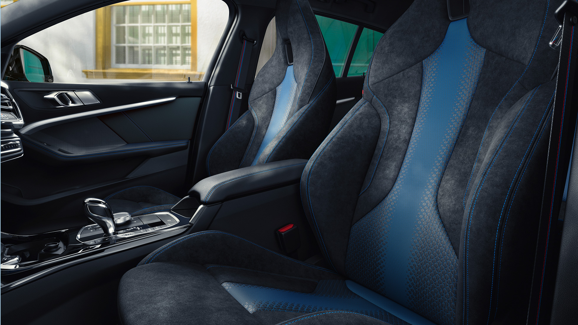 M Sport seats. Ergonomically shaped M Sport seats in the BMW 1 Series with contrast stitching and integrated headrest.