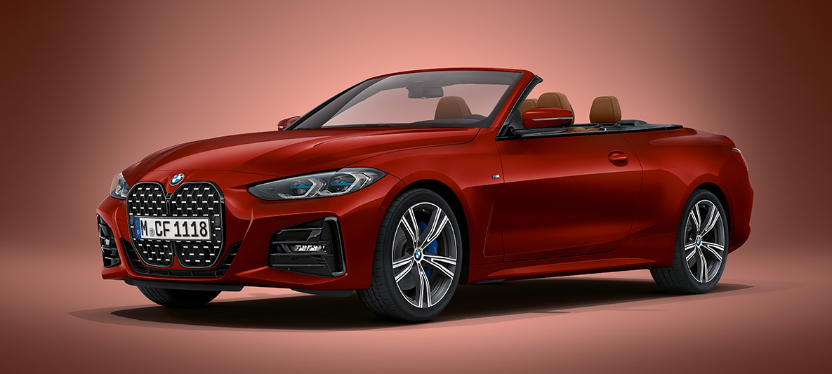 BMW Individual Aventurirot metallic BMW Série 4 Cabriolet G23 2020 BMW Série 4 Cabriolet G23 2020 BMW Individual Aventurinrot metallic vue de trois quarts avant à l'arrêt
