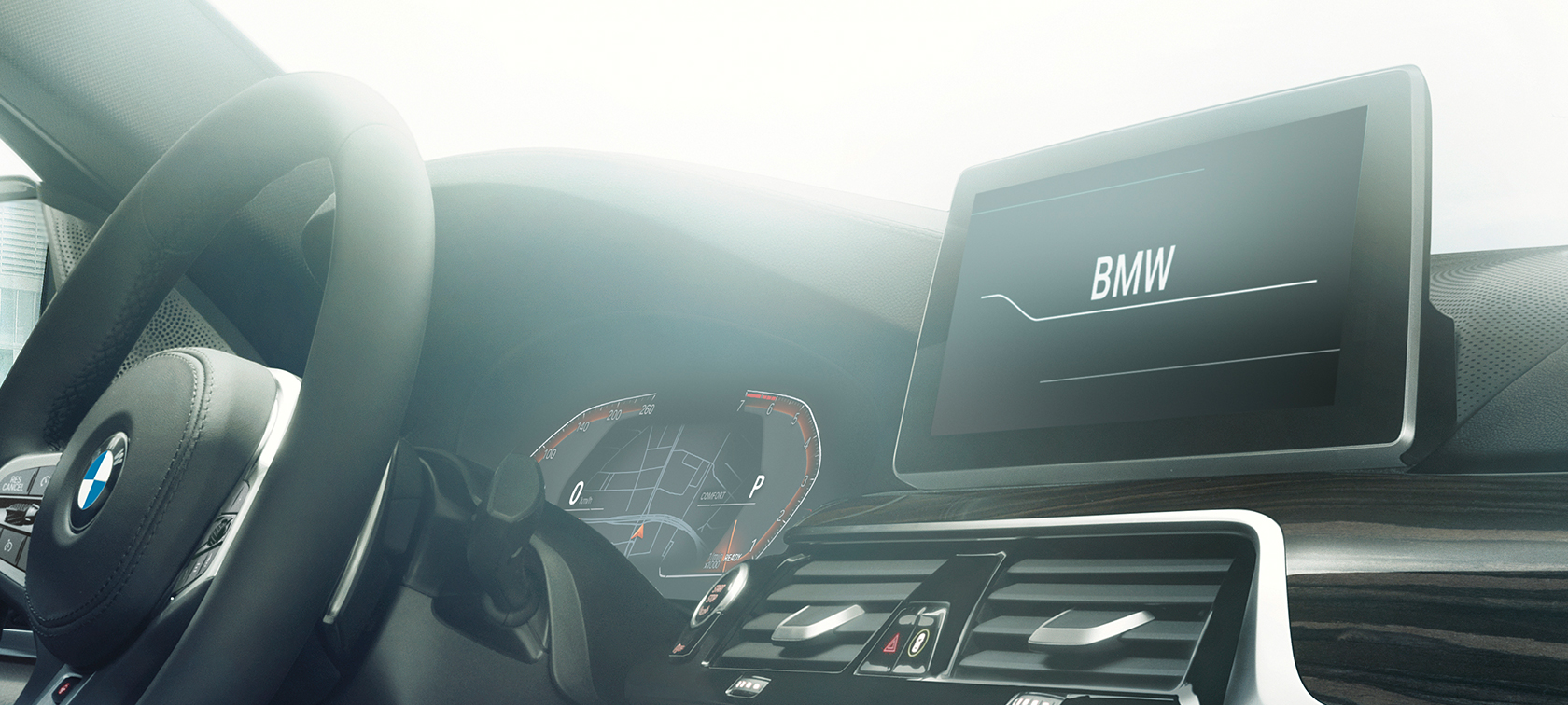 Assistance au conducteur BMW Série 5 Berline Assistance au conducteur BMW Série 5 Berline 540i Berline G30 Bluestone metallic, vue en gros plan du poste de conduite