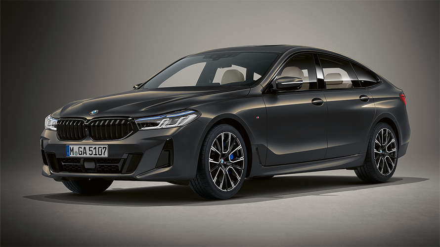 Teinte BMW Individual Dravitgrau metallic de la BMW Série 6 Gran Turismo G32 2020, vue de trois quarts avant à l'arrêt