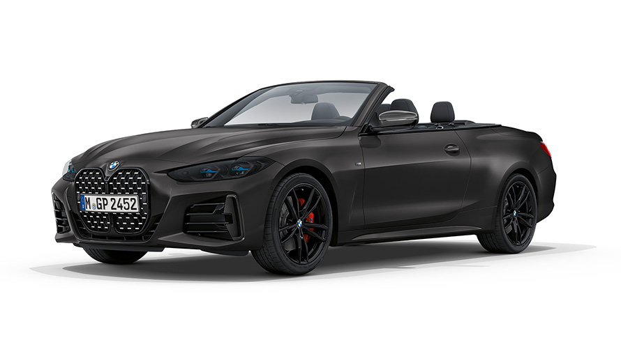 BMW M440i xDrive Cabrio G23 2020 BMW Individual Frozen Deep Grey metallic, vue de trois quarts avant avec capote en tissu ouverte