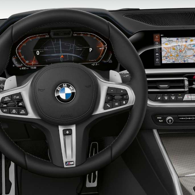 BMW Série 3 Berline, poste de conduite du Modèle Sport. Gros plan de face du poste de conduite côté conducteur de la BMW Série 3 Berline, dotée de l’équipement du Modèle Sport.
